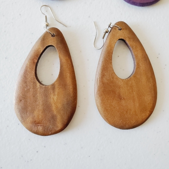 Two Pairs of Chunky Wooden Dangle Earrings Oversized Dangle Boho Retro - Picture 7 of 14